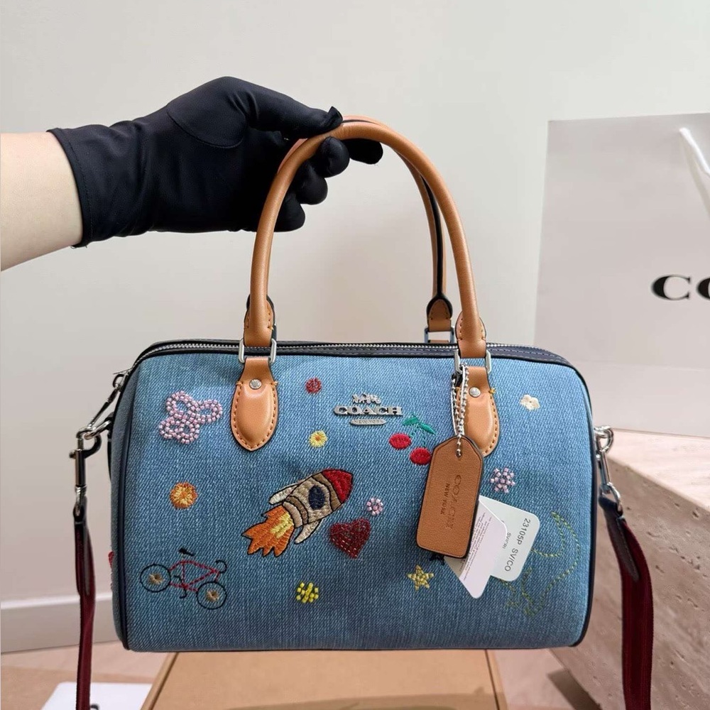 Coach Rowan Satchel Crossbody - Denim with Embroidered Patches